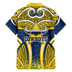 North Queensland Cowboys Rugby Family Matching Summer Maxi Dress and Hawaiian Shirt Polynesian Tribal Bull Warrior Navy Yellow Pattern