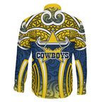 North Queensland Cowboys Rugby Family Matching Summer Maxi Dress and Hawaiian Shirt Polynesian Tribal Bull Warrior Navy Yellow Pattern