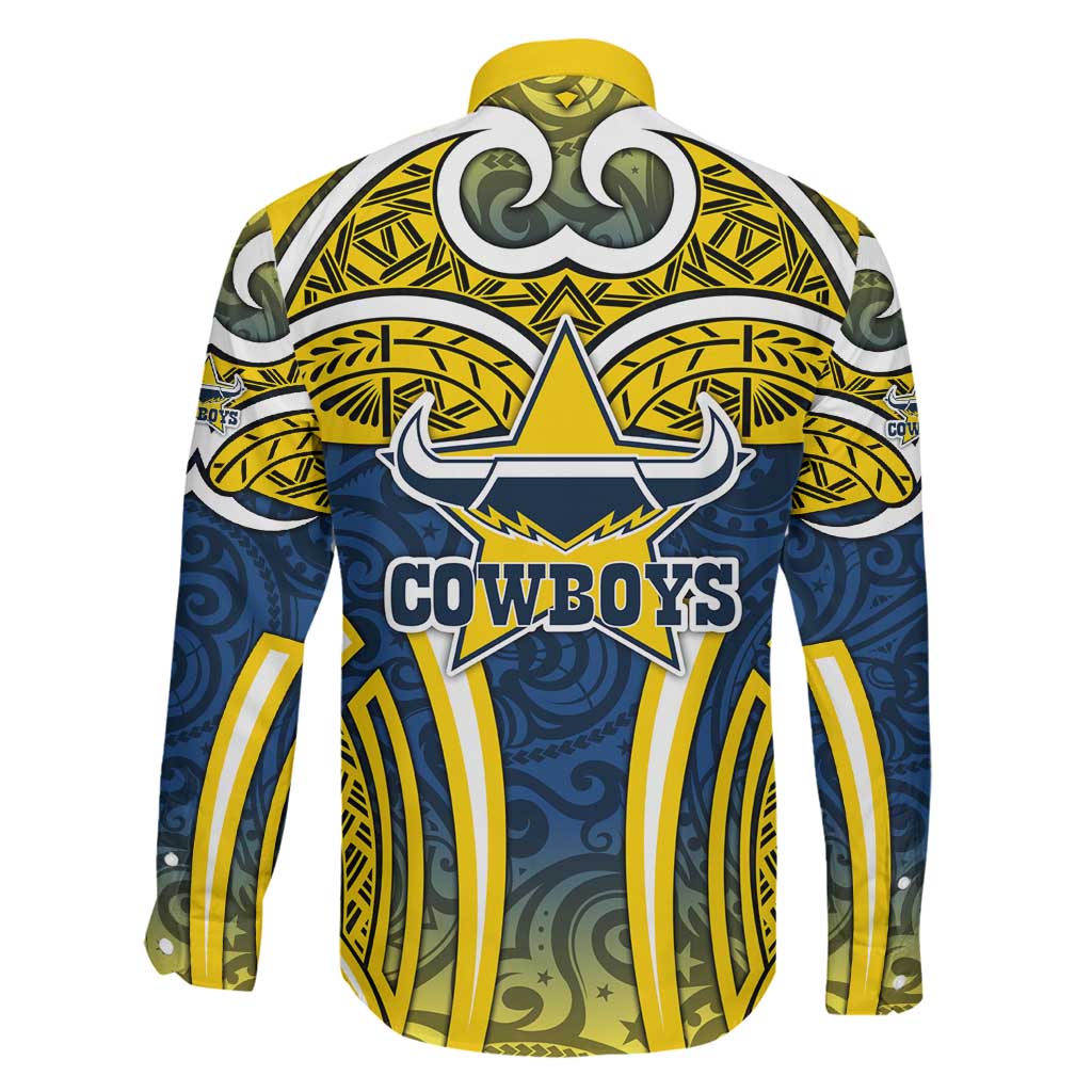 North Queensland Cowboys Rugby Family Matching Summer Maxi Dress and Hawaiian Shirt Polynesian Tribal Bull Warrior Navy Yellow Pattern