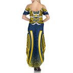 North Queensland Cowboys Rugby Family Matching Summer Maxi Dress and Hawaiian Shirt Polynesian Tribal Bull Warrior Navy Yellow Pattern