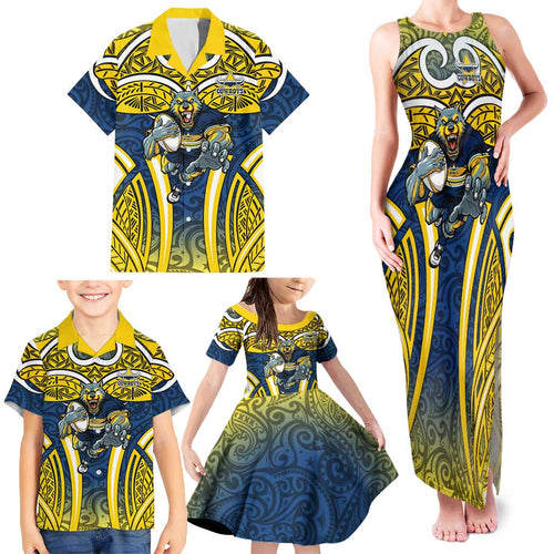 North Queensland Cowboys Rugby Family Matching Tank Maxi Dress and Hawaiian Shirt Polynesian Tribal Bull Warrior Navy Yellow Pattern