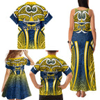 North Queensland Cowboys Rugby Family Matching Tank Maxi Dress and Hawaiian Shirt Polynesian Tribal Bull Warrior Navy Yellow Pattern