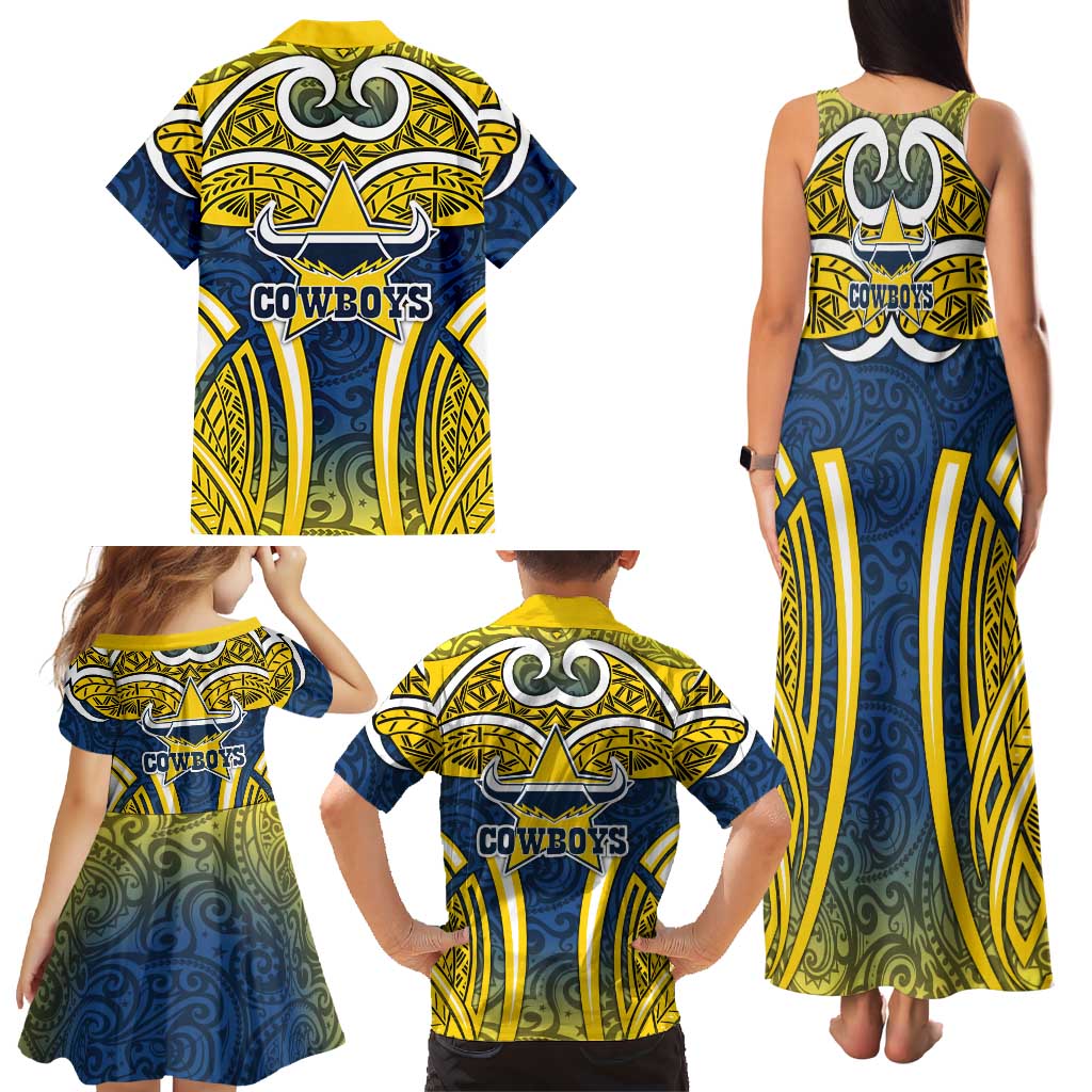 North Queensland Cowboys Rugby Family Matching Tank Maxi Dress and Hawaiian Shirt Polynesian Tribal Bull Warrior Navy Yellow Pattern