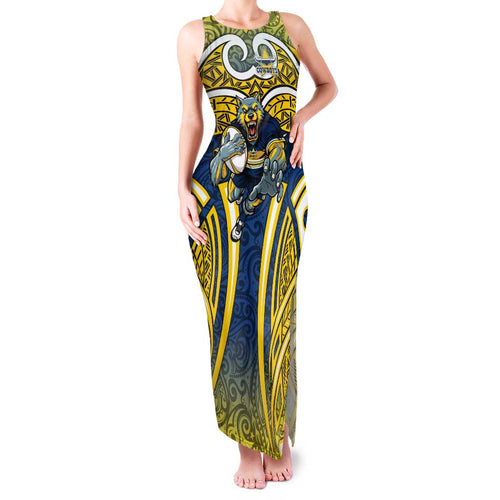 North Queensland Cowboys Rugby Family Matching Tank Maxi Dress and Hawaiian Shirt Polynesian Tribal Bull Warrior Navy Yellow Pattern