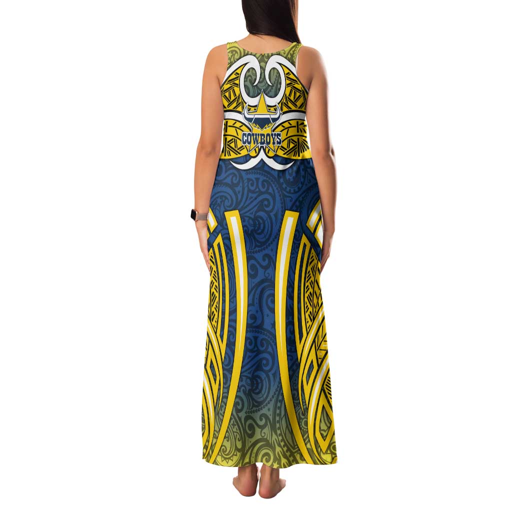 North Queensland Cowboys Rugby Family Matching Tank Maxi Dress and Hawaiian Shirt Polynesian Tribal Bull Warrior Navy Yellow Pattern