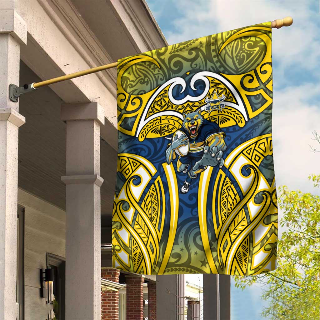North Queensland Cowboys Rugby Garden Flag Polynesian Tribal Bull Warrior Navy Yellow Pattern