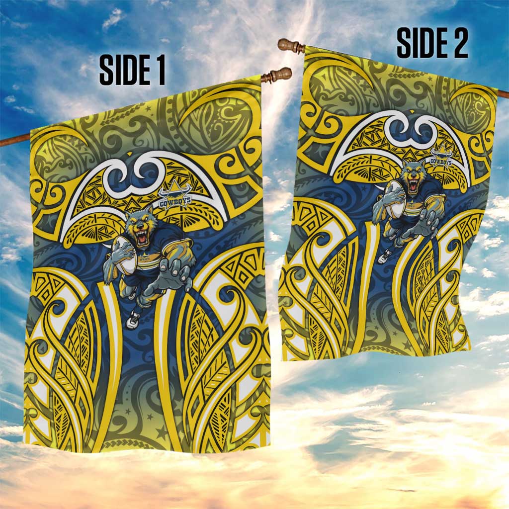 North Queensland Cowboys Rugby Garden Flag Polynesian Tribal Bull Warrior Navy Yellow Pattern