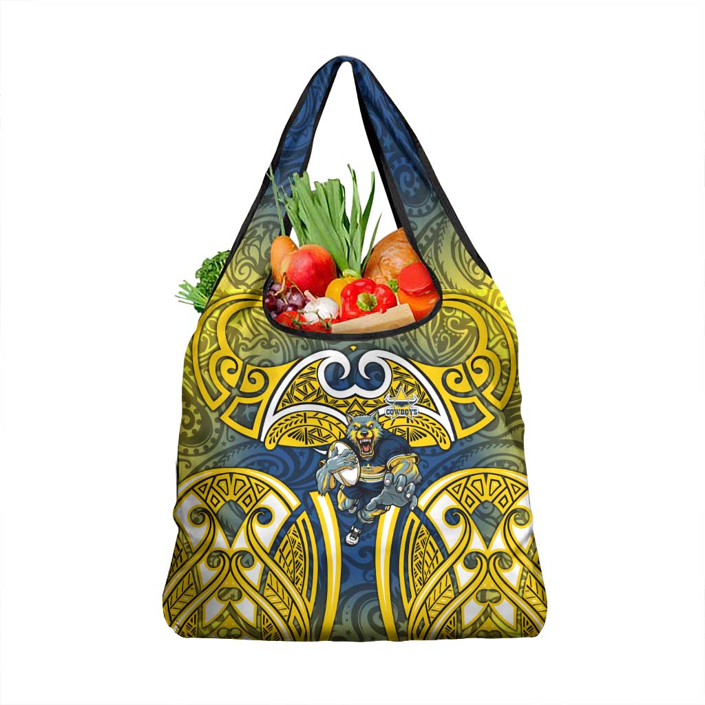North Queensland Cowboys Rugby Grocery Bag Polynesian Tribal Bull Warrior Navy Yellow Pattern