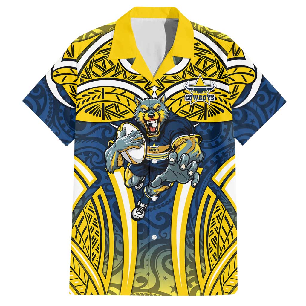 North Queensland Cowboys Rugby Hawaiian Shirt Polynesian Tribal Bull Warrior Navy Yellow Pattern
