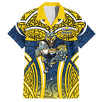 North Queensland Cowboys Rugby Hawaiian Shirt Polynesian Tribal Bull Warrior Navy Yellow Pattern