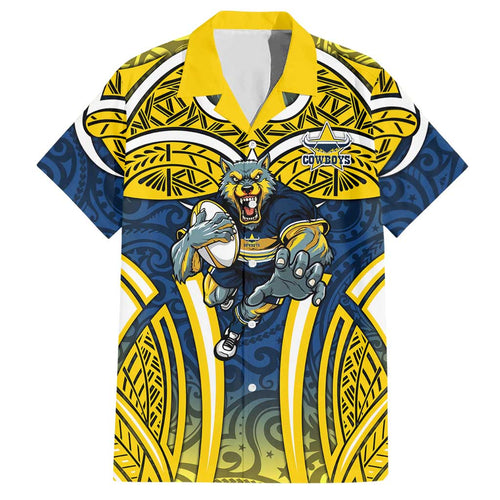 North Queensland Cowboys Rugby Hawaiian Shirt Polynesian Tribal Bull Warrior Navy Yellow Pattern