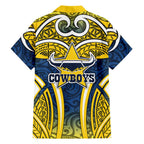 North Queensland Cowboys Rugby Hawaiian Shirt Polynesian Tribal Bull Warrior Navy Yellow Pattern