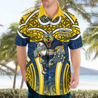 North Queensland Cowboys Rugby Hawaiian Shirt Polynesian Tribal Bull Warrior Navy Yellow Pattern
