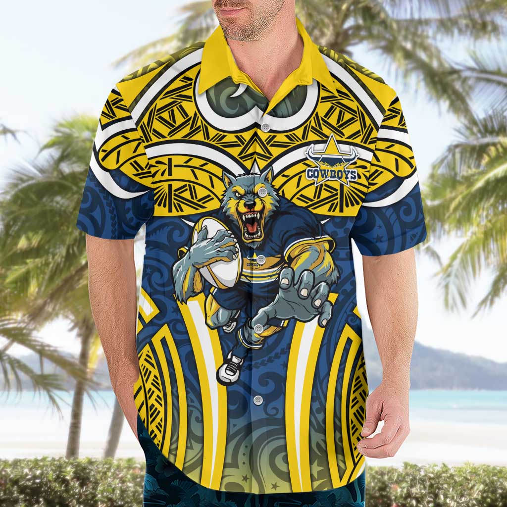 North Queensland Cowboys Rugby Hawaiian Shirt Polynesian Tribal Bull Warrior Navy Yellow Pattern