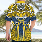 North Queensland Cowboys Rugby Hawaiian Shirt Polynesian Tribal Bull Warrior Navy Yellow Pattern
