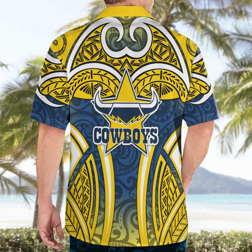 North Queensland Cowboys Rugby Hawaiian Shirt Polynesian Tribal Bull Warrior Navy Yellow Pattern