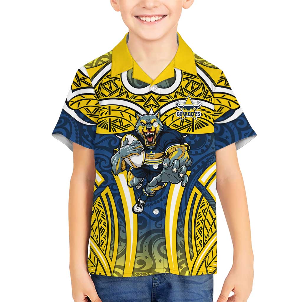 North Queensland Cowboys Rugby Hawaiian Shirt Polynesian Tribal Bull Warrior Navy Yellow Pattern