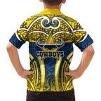 North Queensland Cowboys Rugby Hawaiian Shirt Polynesian Tribal Bull Warrior Navy Yellow Pattern