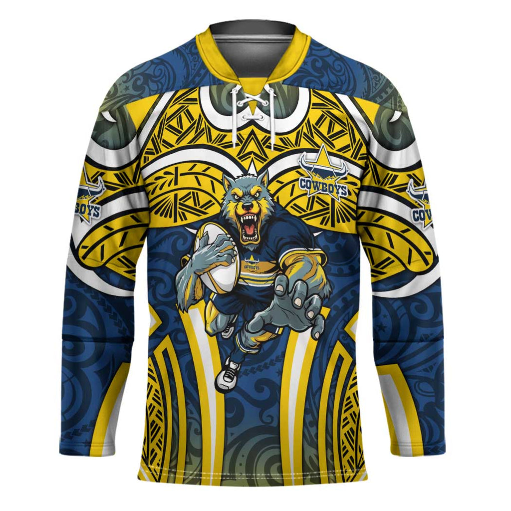 North Queensland Cowboys Rugby Hockey Jersey Polynesian Tribal Bull Warrior Navy Yellow Pattern