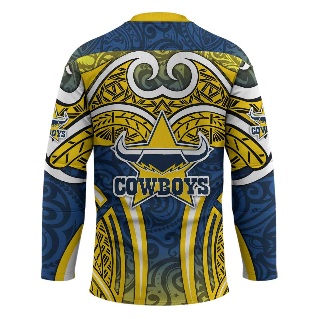 North Queensland Cowboys Rugby Hockey Jersey Polynesian Tribal Bull Warrior Navy Yellow Pattern