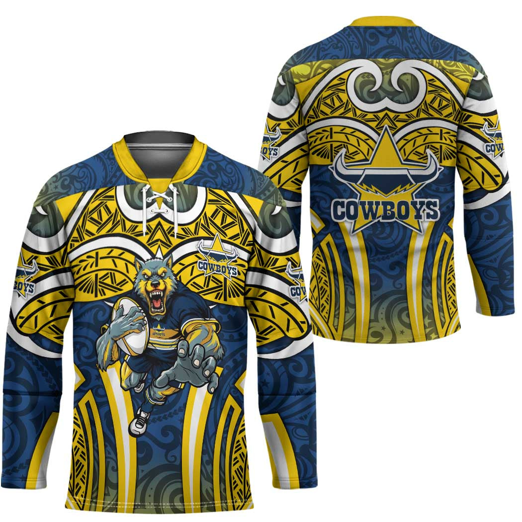North Queensland Cowboys Rugby Hockey Jersey Polynesian Tribal Bull Warrior Navy Yellow Pattern