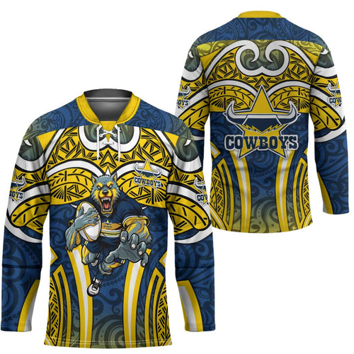 North Queensland Cowboys Rugby Hockey Jersey Polynesian Tribal Bull Warrior Navy Yellow Pattern