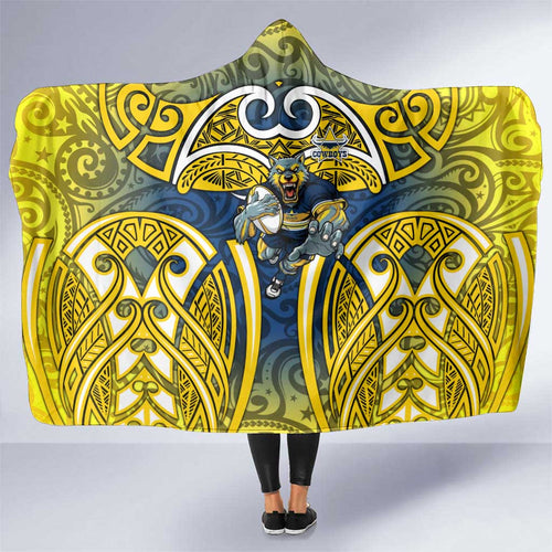 North Queensland Cowboys Rugby Hooded Blanket Polynesian Tribal Bull Warrior Navy Yellow Pattern
