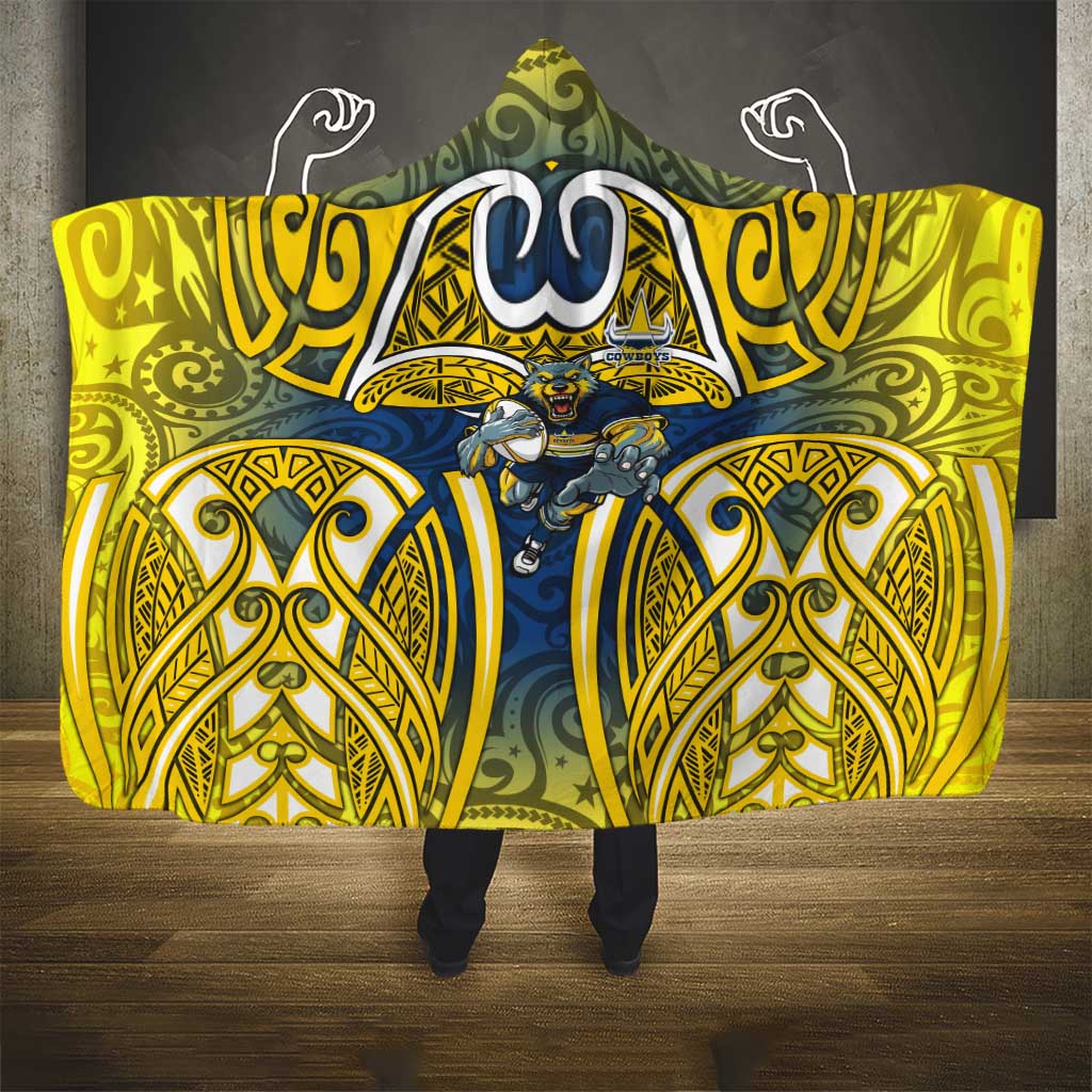 North Queensland Cowboys Rugby Hooded Blanket Polynesian Tribal Bull Warrior Navy Yellow Pattern