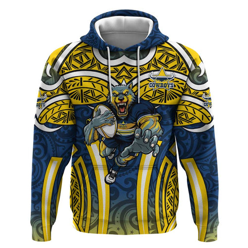 North Queensland Cowboys Rugby Hoodie Polynesian Tribal Bull Warrior Navy Yellow Pattern