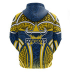 North Queensland Cowboys Rugby Hoodie Polynesian Tribal Bull Warrior Navy Yellow Pattern