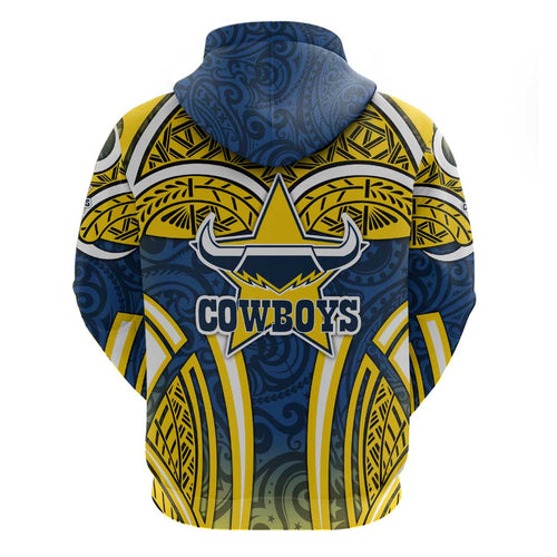 North Queensland Cowboys Rugby Hoodie Polynesian Tribal Bull Warrior Navy Yellow Pattern