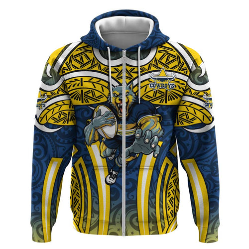 North Queensland Cowboys Rugby Hoodie Polynesian Tribal Bull Warrior Navy Yellow Pattern