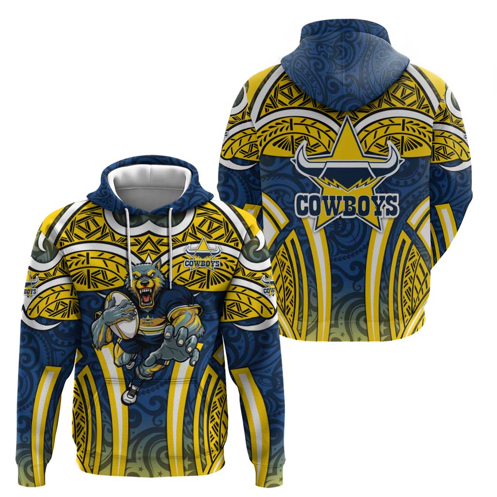 North Queensland Cowboys Rugby Hoodie Polynesian Tribal Bull Warrior Navy Yellow Pattern