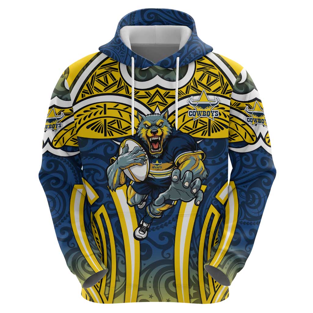 North Queensland Cowboys Rugby Hoodie Polynesian Tribal Bull Warrior Navy Yellow Pattern