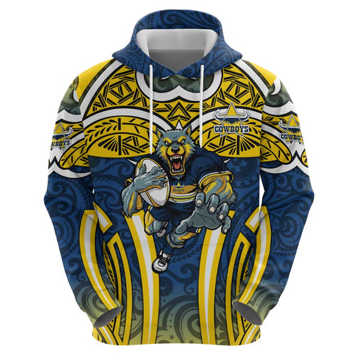 North Queensland Cowboys Rugby Hoodie Polynesian Tribal Bull Warrior Navy Yellow Pattern