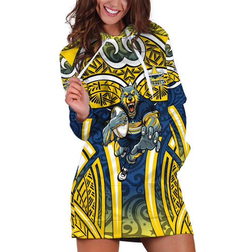 North Queensland Cowboys Rugby Hoodie Dress Polynesian Tribal Bull Warrior Navy Yellow Pattern