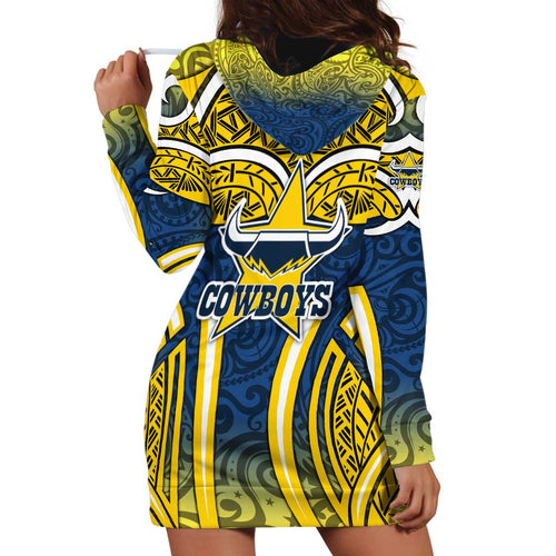 North Queensland Cowboys Rugby Hoodie Dress Polynesian Tribal Bull Warrior Navy Yellow Pattern