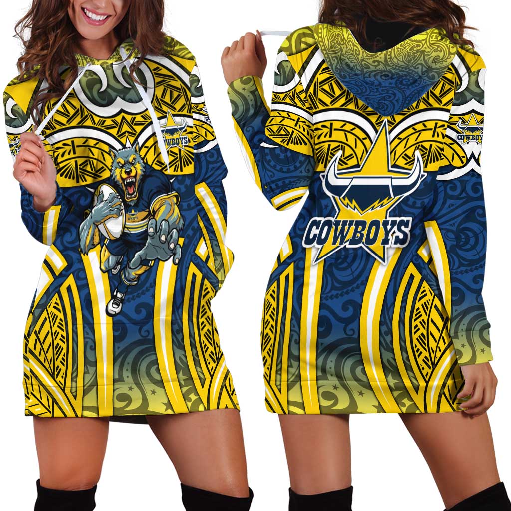 North Queensland Cowboys Rugby Hoodie Dress Polynesian Tribal Bull Warrior Navy Yellow Pattern