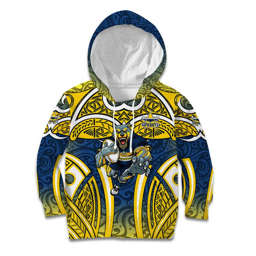 North Queensland Cowboys Rugby Kid Hoodie Polynesian Tribal Bull Warrior Navy Yellow Pattern