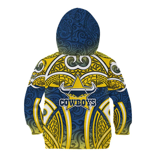 North Queensland Cowboys Rugby Kid Hoodie Polynesian Tribal Bull Warrior Navy Yellow Pattern