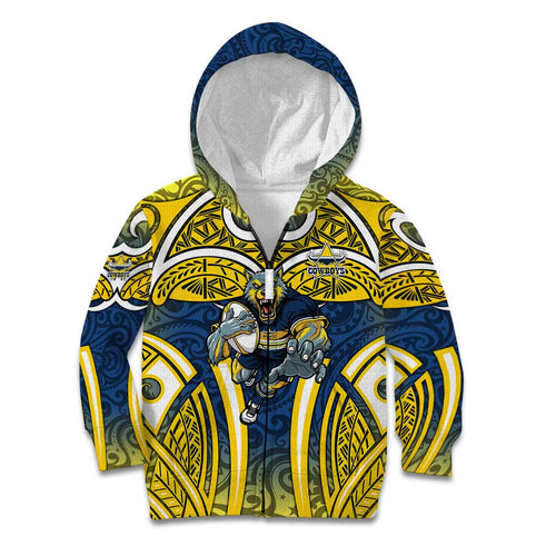 North Queensland Cowboys Rugby Kid Hoodie Polynesian Tribal Bull Warrior Navy Yellow Pattern