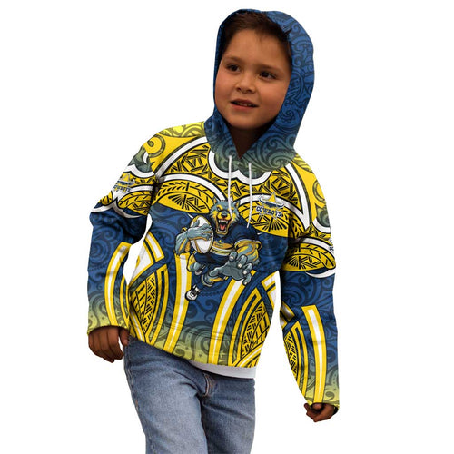 North Queensland Cowboys Rugby Kid Hoodie Polynesian Tribal Bull Warrior Navy Yellow Pattern
