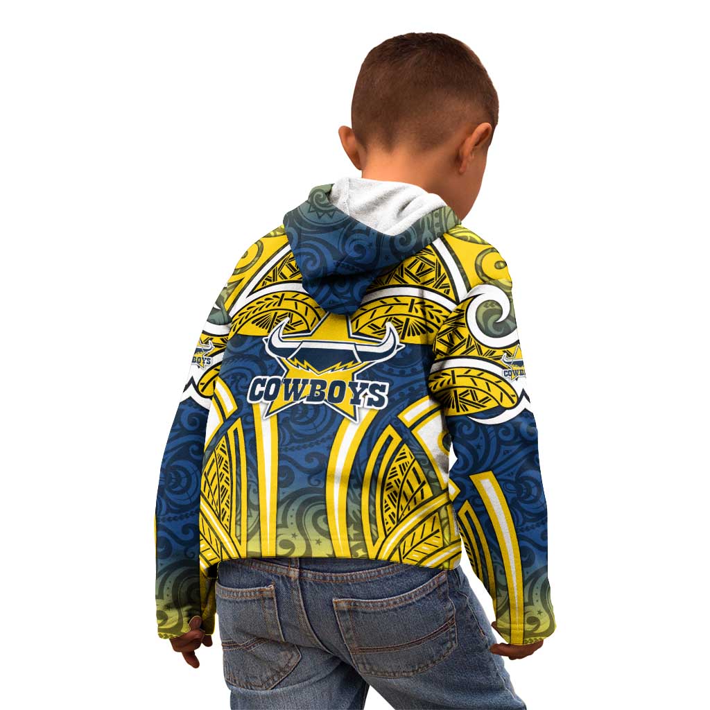 North Queensland Cowboys Rugby Kid Hoodie Polynesian Tribal Bull Warrior Navy Yellow Pattern