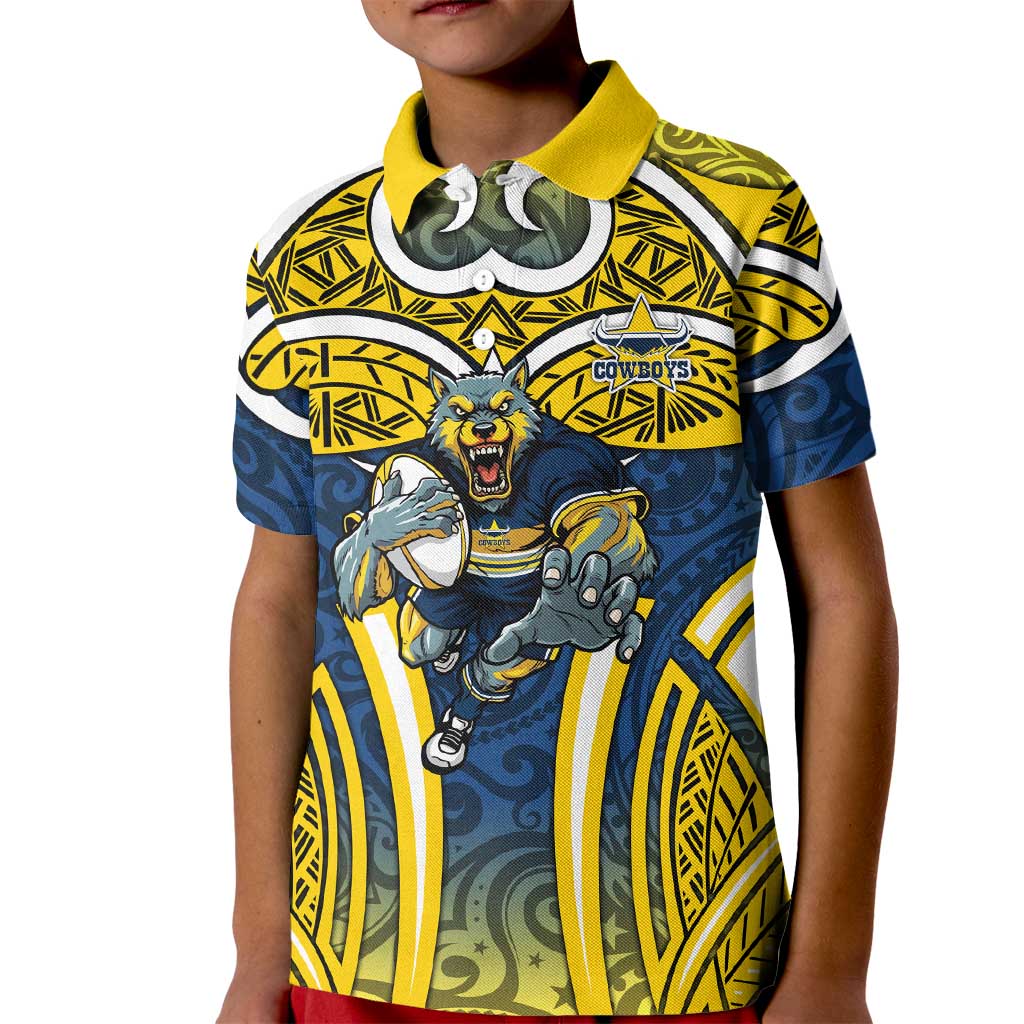 North Queensland Cowboys Rugby Kid Polo Shirt Polynesian Tribal Bull Warrior Navy Yellow Pattern