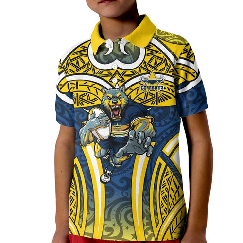 North Queensland Cowboys Rugby Kid Polo Shirt Polynesian Tribal Bull Warrior Navy Yellow Pattern