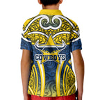North Queensland Cowboys Rugby Kid Polo Shirt Polynesian Tribal Bull Warrior Navy Yellow Pattern