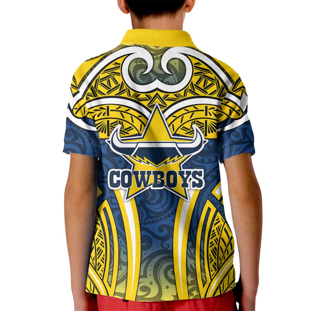 North Queensland Cowboys Rugby Kid Polo Shirt Polynesian Tribal Bull Warrior Navy Yellow Pattern