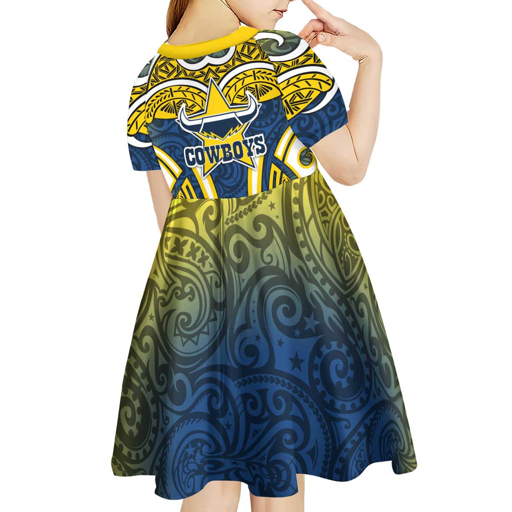 North Queensland Cowboys Rugby Kid Short Sleeve Dress Polynesian Tribal Bull Warrior Navy Yellow Pattern