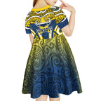 North Queensland Cowboys Rugby Kid Short Sleeve Dress Polynesian Tribal Bull Warrior Navy Yellow Pattern