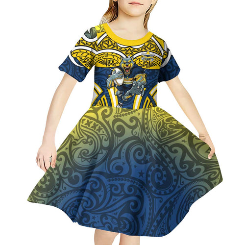 North Queensland Cowboys Rugby Kid Short Sleeve Dress Polynesian Tribal Bull Warrior Navy Yellow Pattern